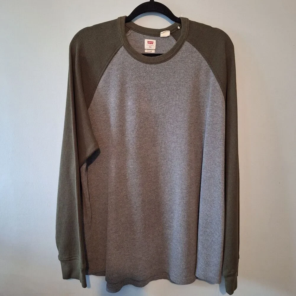 Levis Thermal Knit‎ Raglan Shirt Mens XXL Army Green Gray Waffle Knit 80's Vibe